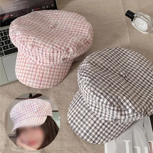레트로 여성용 체크 베레모 헌팅캡 여름 모자 봄 가을 여자 휴양지 패션