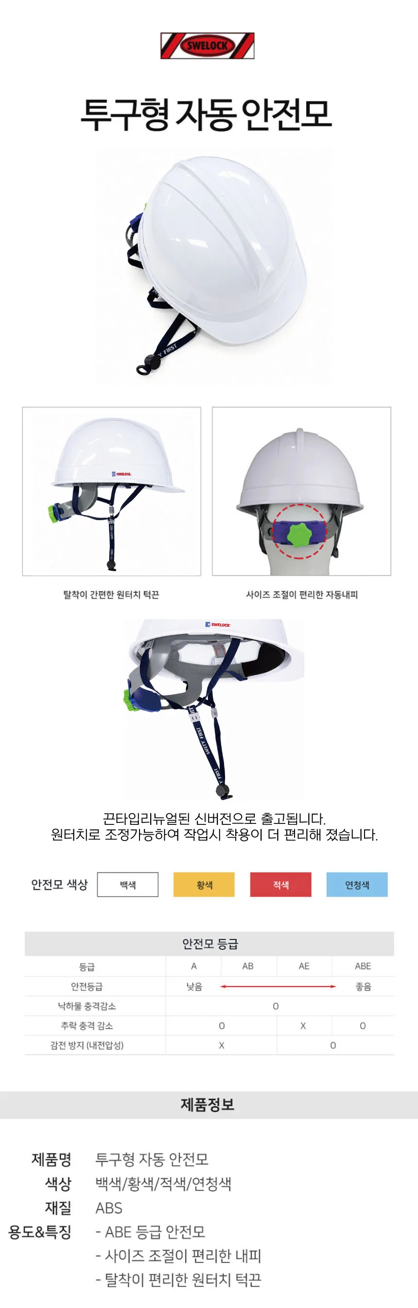1p 백색 투구형 안전모 스왈록 국내산 우수한 ABE등급 상세1