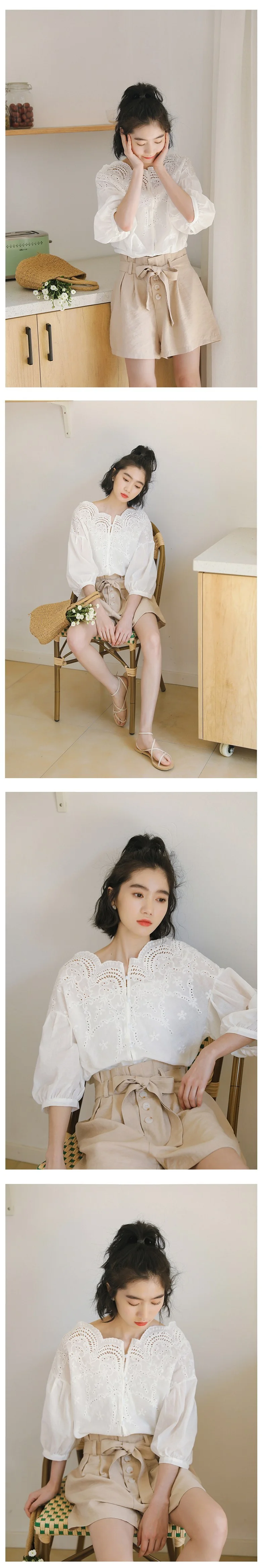 케익 펀칭 자수 퍼프소매 면블라우스 500 상세2