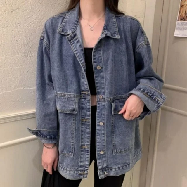데님 자켓 루즈핏 카라 점퍼 여성 빈티지 캐주얼 겉옷