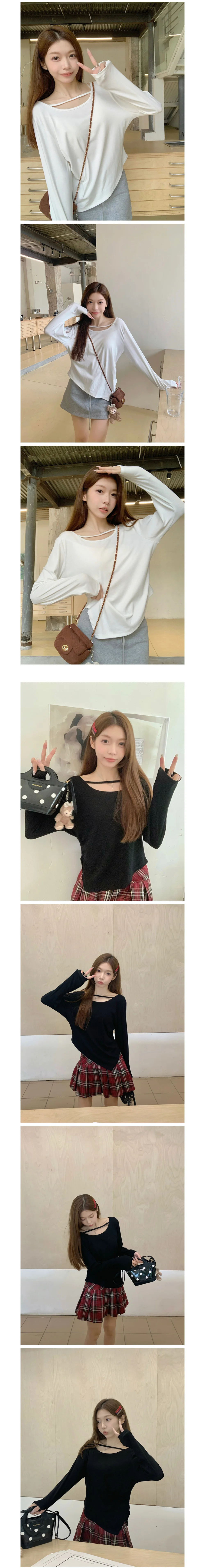 여성 긴팔 티셔츠 셔링 라운드넥 언발런스 무지 상의 상세3