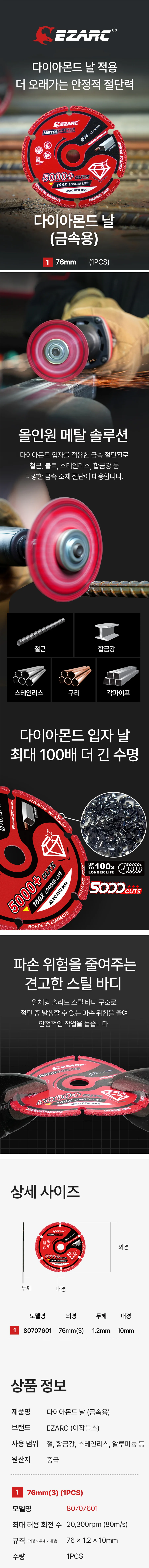 절단석 그라인더날 알루미늄 금속 합금강 철재 76mm 다이아몬드날 상세1