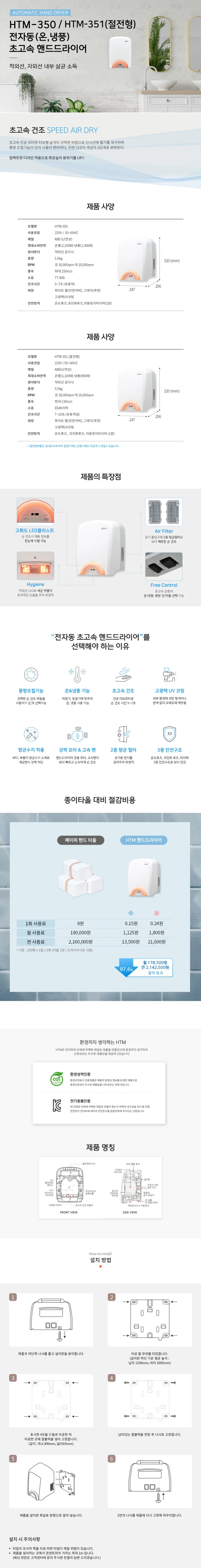 저소음 초고속 핸드드라이어 HTM350 HTM351 상세1