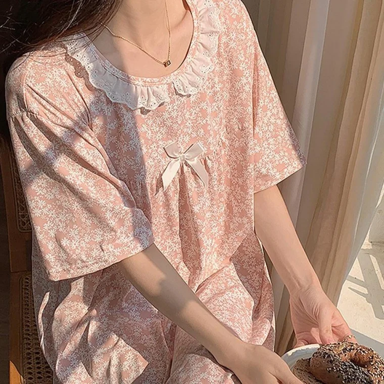 반팔 잔꽃 잠옷 원피스 플라워 파자마 라운지웨어 꽃무늬 잠옷 잔꽃