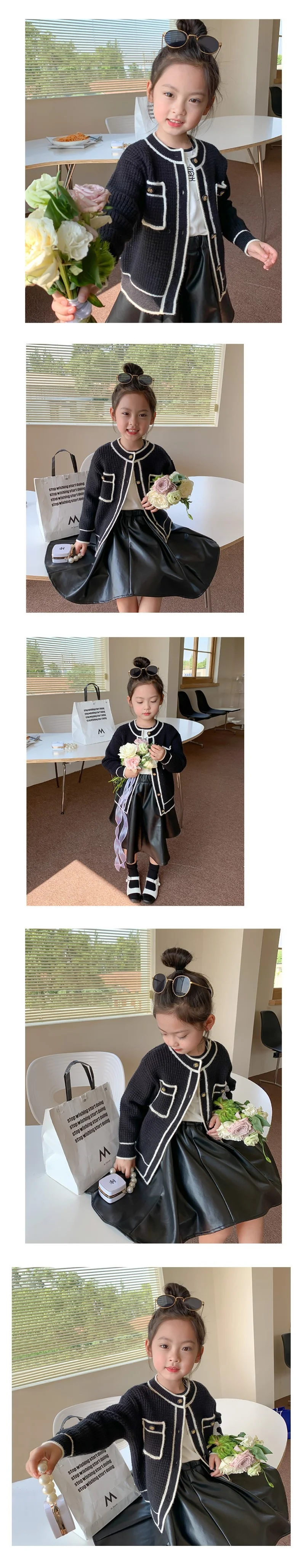 여아 아동 고급 라운드넥 포켓 긴팔 트위드 가디건 상세3
