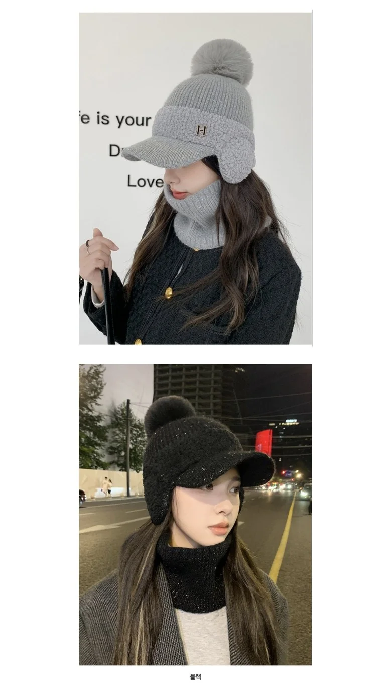 -당일출고- 여성 겨울 양털니트 귀마개 방울 캡 모자 상세4