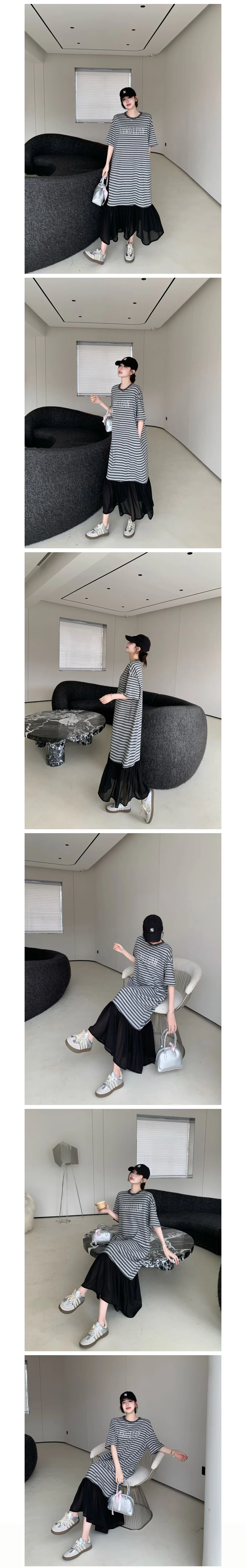 여성 스트라이프 배색 오버핏 롱원피스 상세1