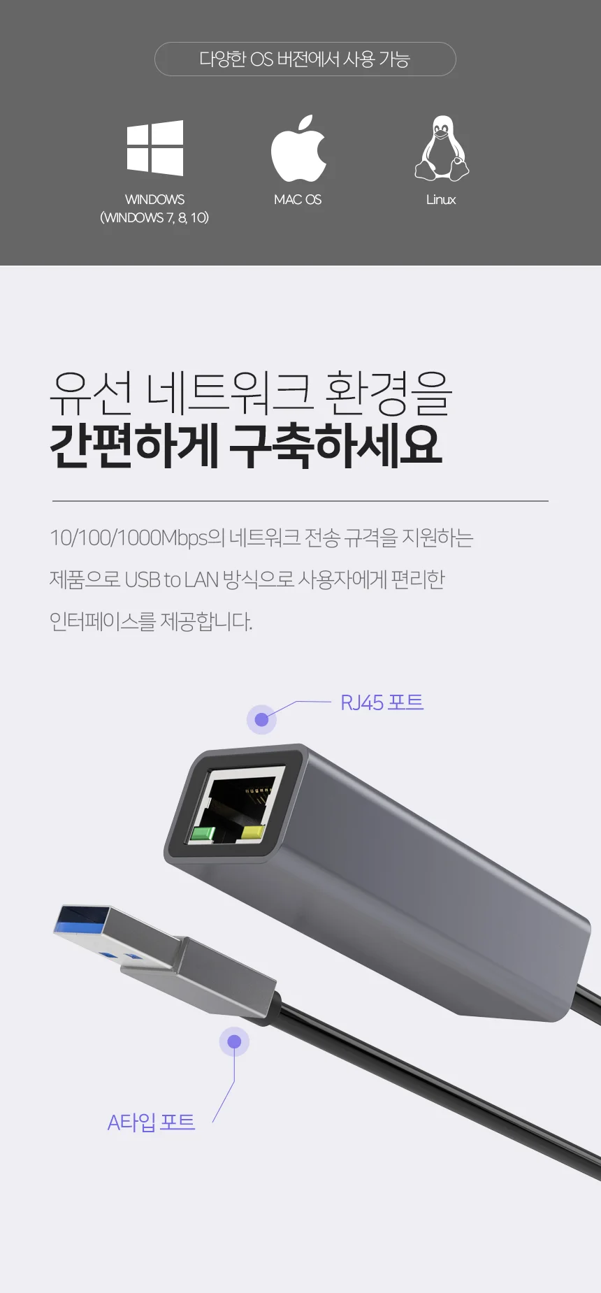 usb 랜 카드 유선 랜 카드 초고속 1000 노트북 어댑터 컨버터 데스크탑 데스크 호환 포트 상세4