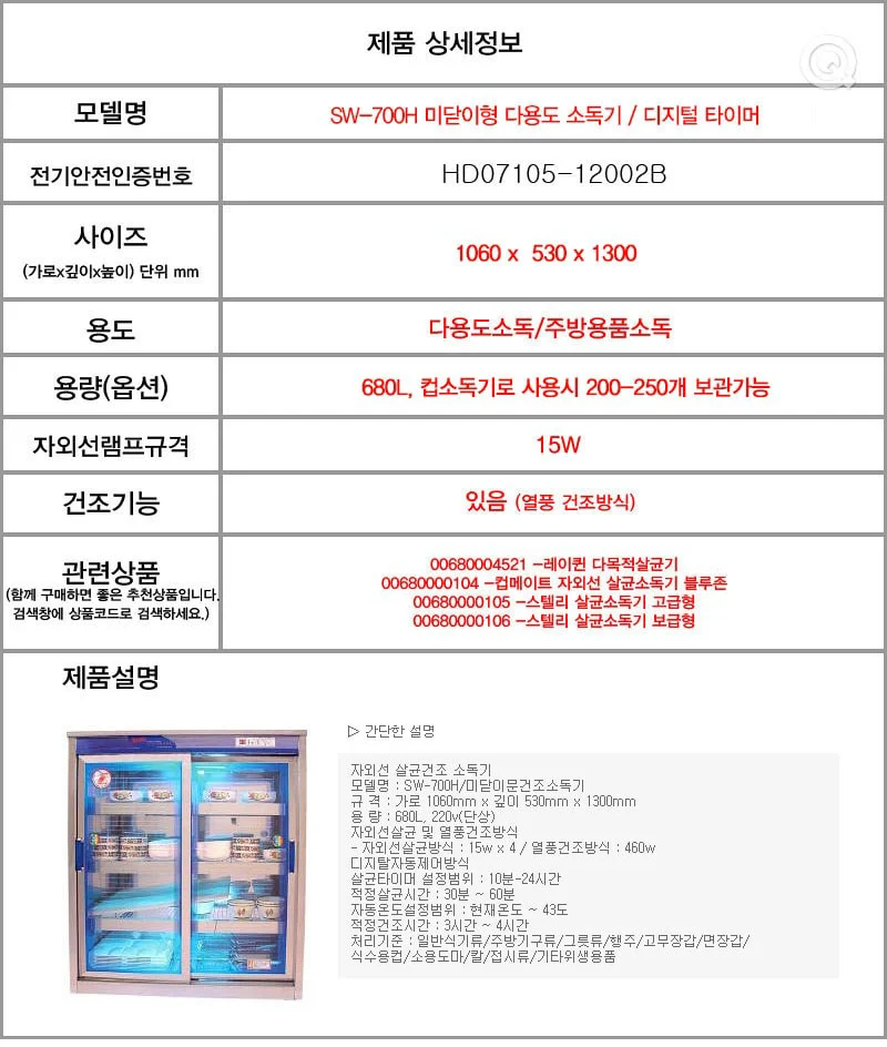 SW-700H 미닫이형 다용도 소독기 / 디지털 타이머 상세2