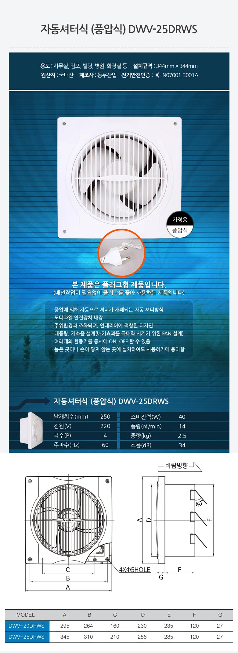 환풍기 자동셔터식 25cm 환기팬 벽부형환풍기 베란다환풍기 상세1
