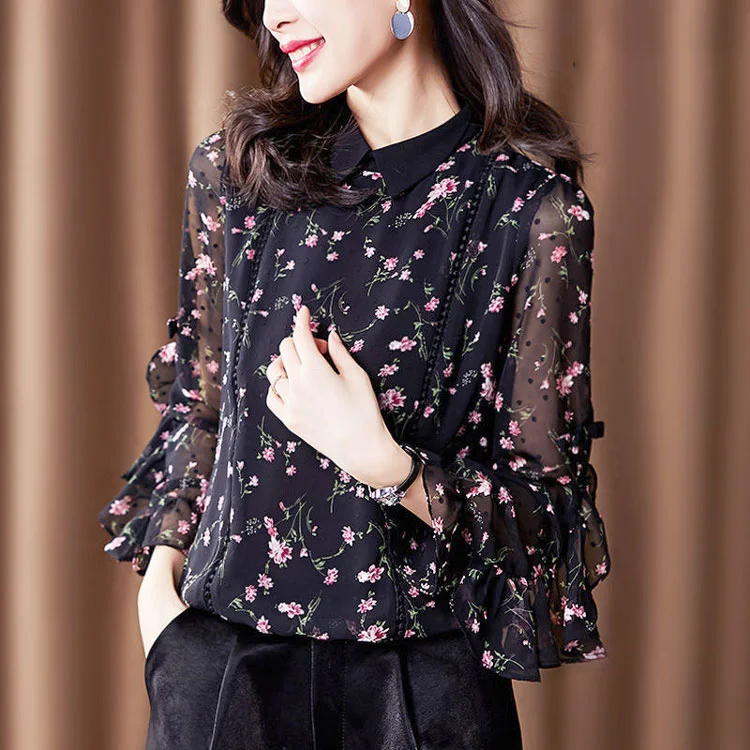 블랙 시스루 블라우스 꽃무늬 쉬폰 셔츠 여성 긴팔 상의 상세1