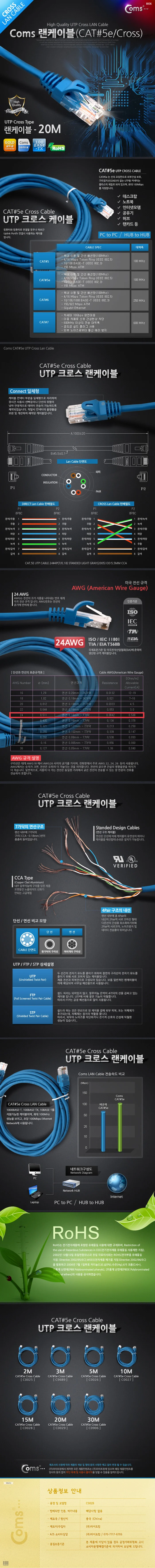 랜 케이블 통신 랜선 크로스 케이블 CAT5e UTP 20m 상세3