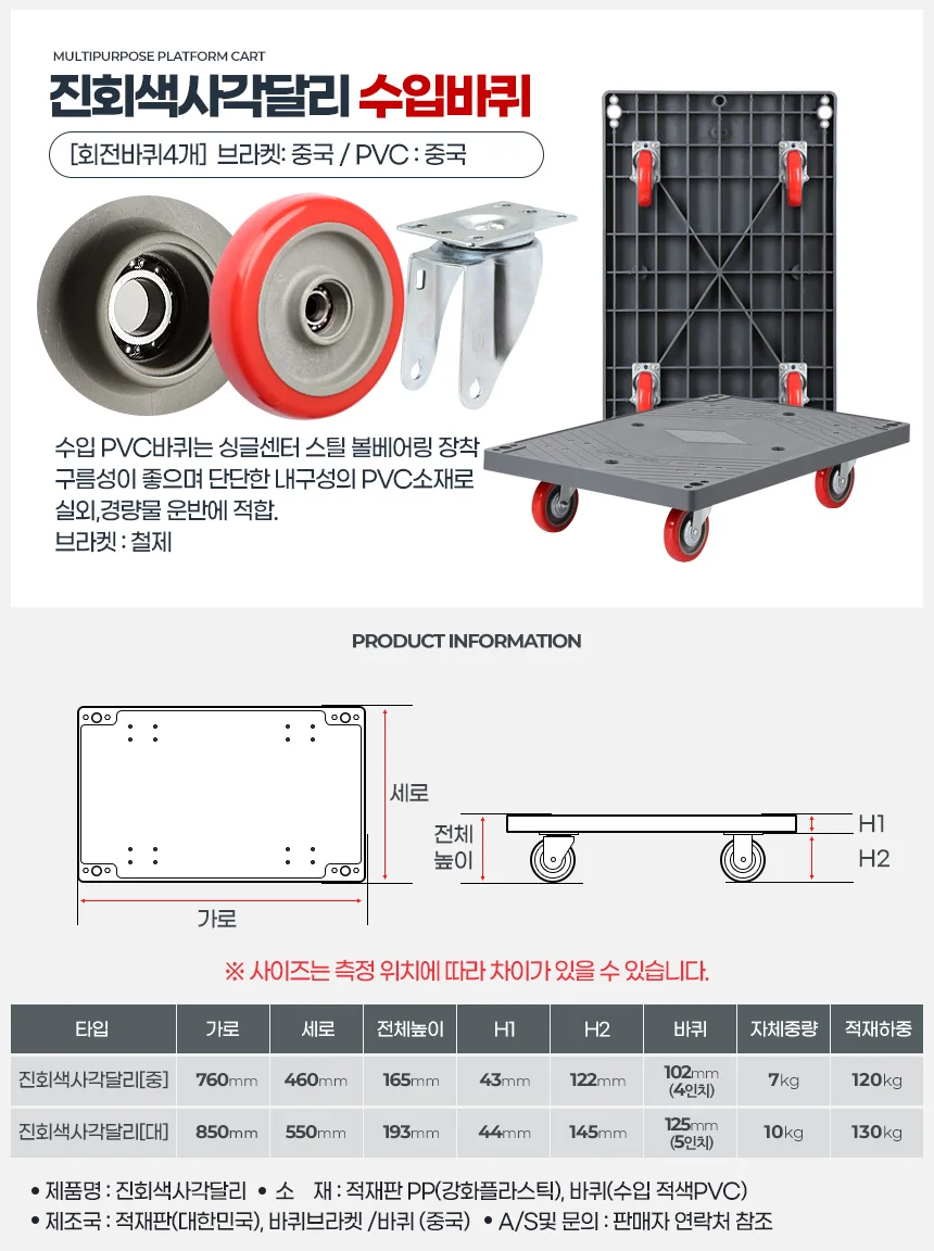 진회색사각달리 수입바퀴 업소용카트 카트기 이동식대차 마트구르마 상세5