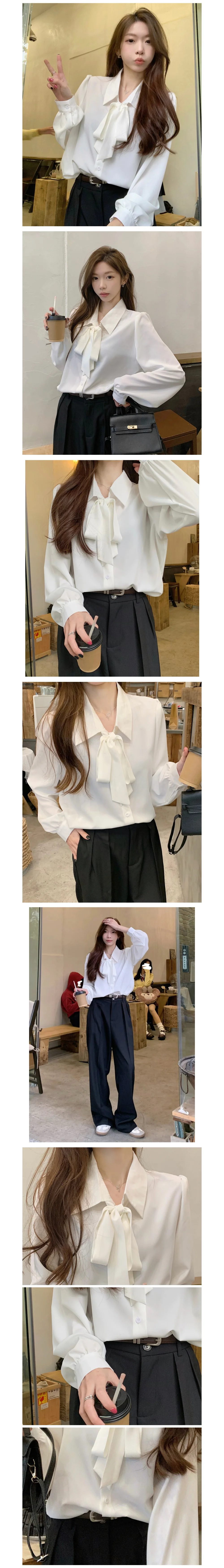 여성 셔츠 블라우스 리본 카라 긴팔 오피스룩 깔끔한 데일리룩 상세3