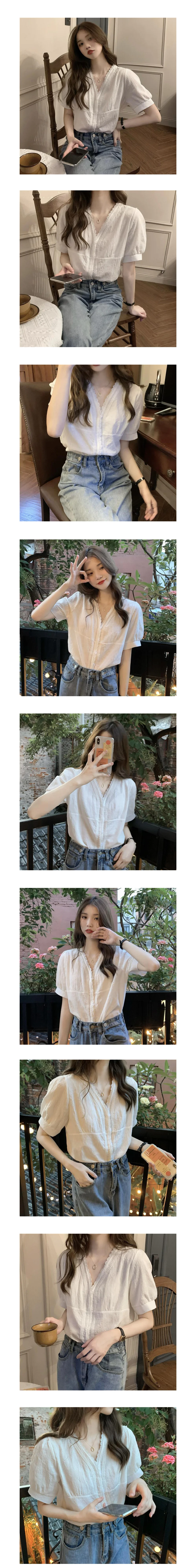 브이넥 레이스 러블리 반팔 여성 오피스 블라우스 셔츠블라우스 캐주얼블라우스 상세1