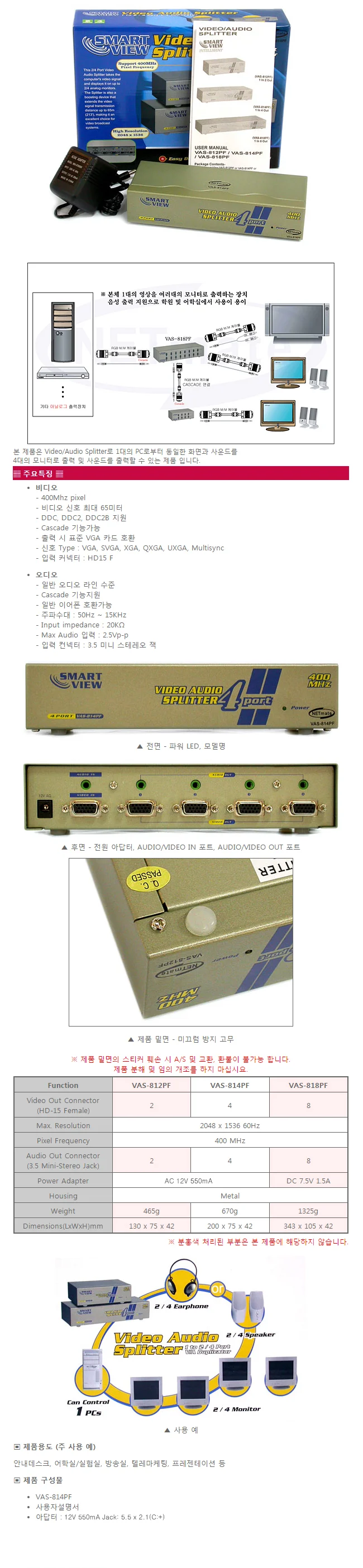 모니터 분배기 1대4 음향분배 벽걸이형 STEREO VGA 상세1
