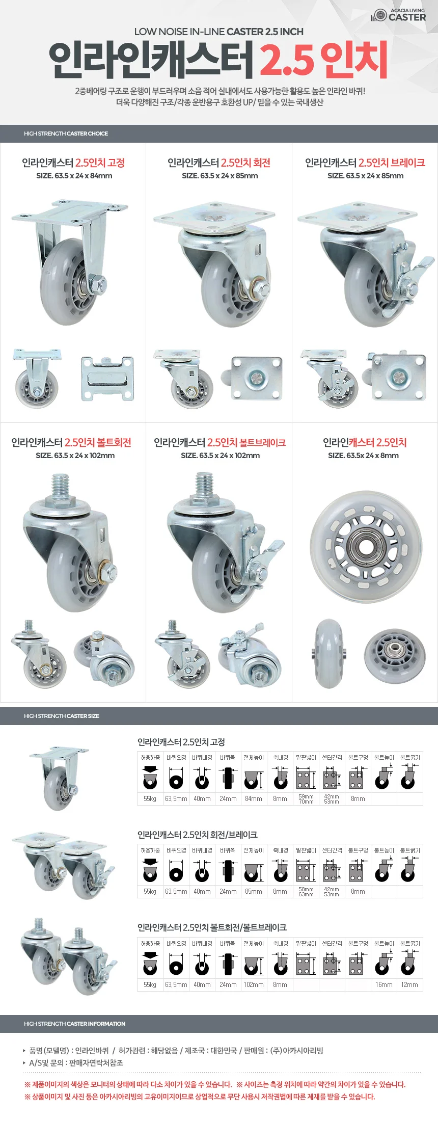 인라인캐스터 2.5 회전 저소음 63.5mm인라인바퀴 63.5mm 상세1