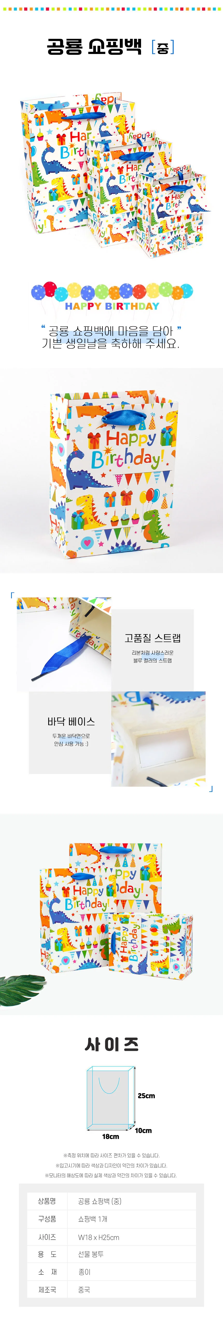 쇼핑백 생일 축하 공룡 중 선물 포장 봉투 RD-12125 상세2
