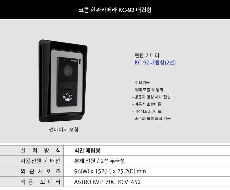 인터폰 초인종 카메라 2선 매립형 비디오 현관 호출기 상세2