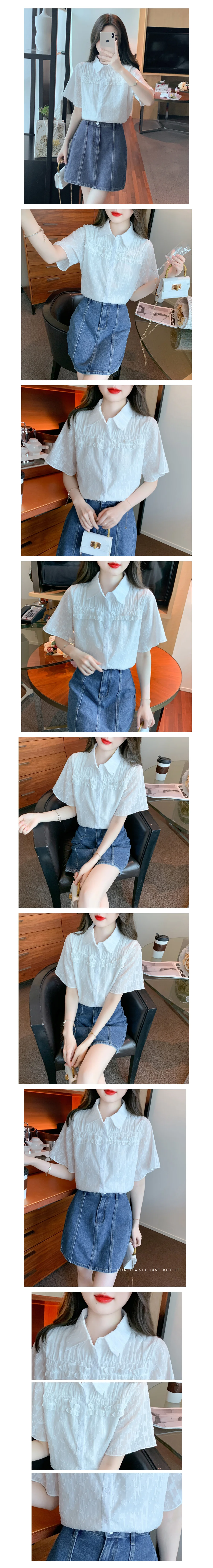 카라 자수 프릴 블라우스 캐주얼 데일리 여름 반팔 상세1