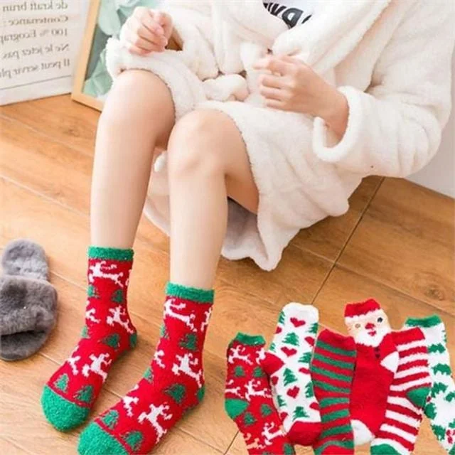 크리스마스 수면 양말 여성 수면 양말 부드러운 귀여운 극세사 따뜻한 선물 방한 두꺼운 루돌프 페이크