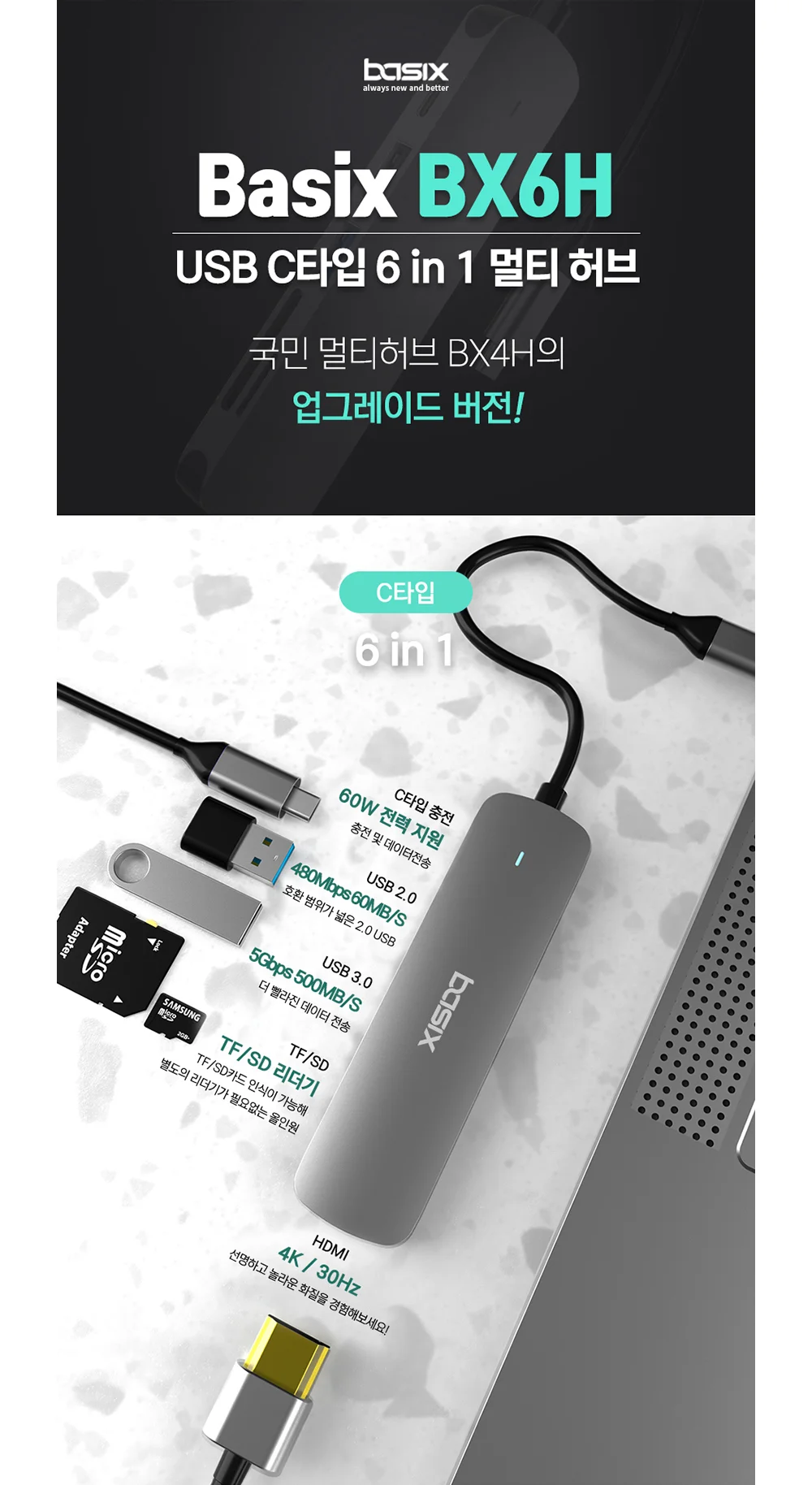 USB C타입 멀티 허브 6in1 c타입 독특한USB메모리 포트 상세1