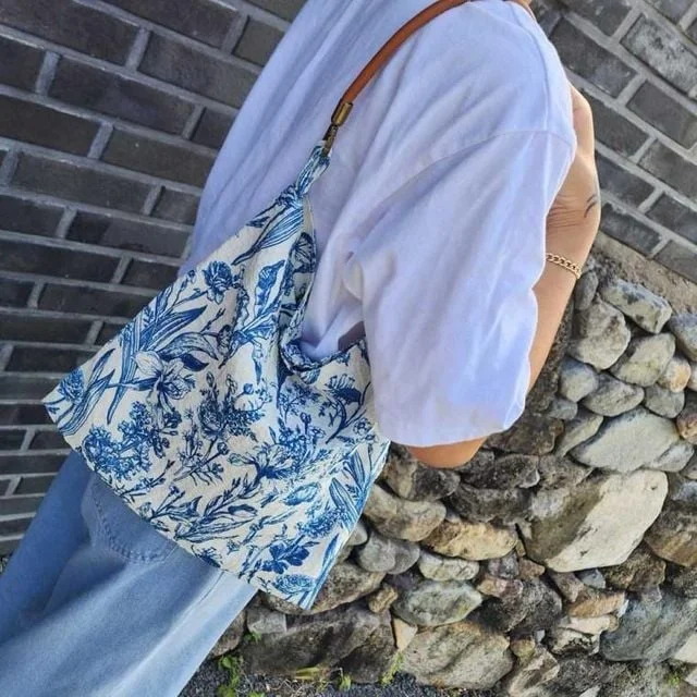 가죽스트랩 빈티지 천가방 데일리백 블루가방 토트백 가벼운 봄 캔버스백 쇼퍼백 플라워가방 장바구니 에코