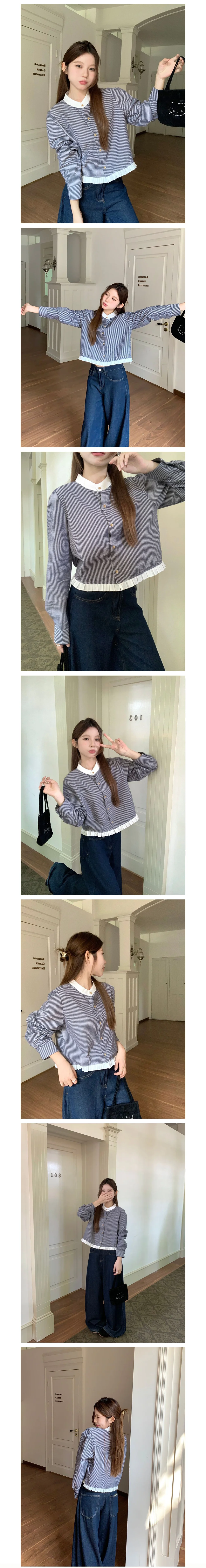 프릴 스트라이프 긴팔 노카라 배색 루즈핏 크롭 블라우스 노카라블라우스 차이나셔츠 상세1
