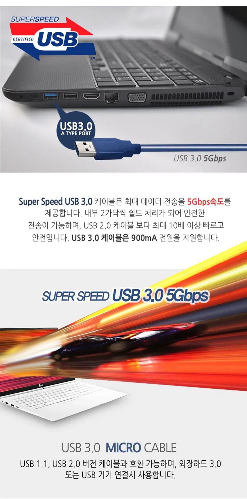 USB 3.0 AM-MicroB 케이블 1M 데이터케이블 외장하드선 USB케이블 상세3