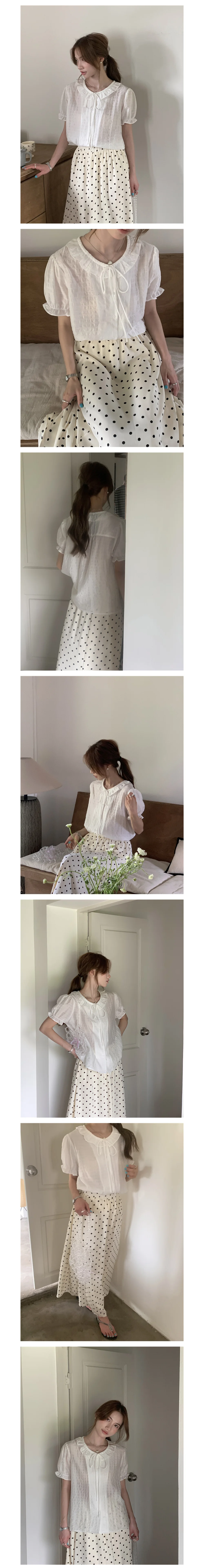 프릴 카라 리본 블라우스 캐주얼 데일리 여름 반팔 레이스 상세1