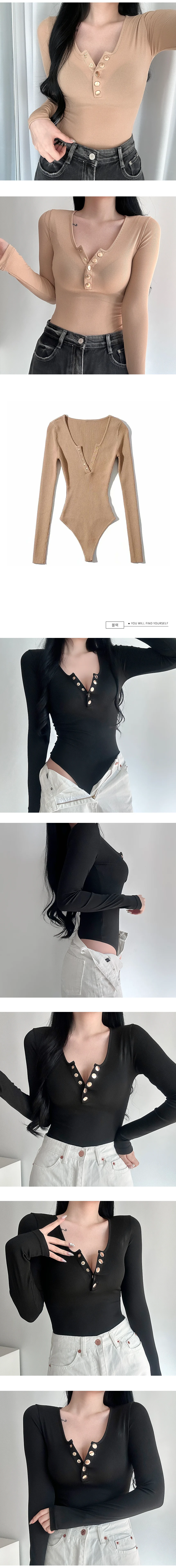 브이넥 바디수트 티셔츠 긴팔 무지 레이어드 버튼 트임 상의 상세3