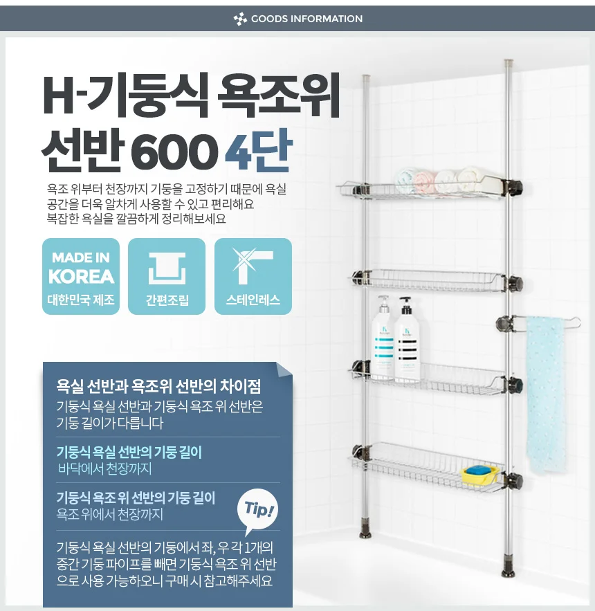 선반 60cm 정리대 코너 욕조 화장실선반 4단 욕실 상세1