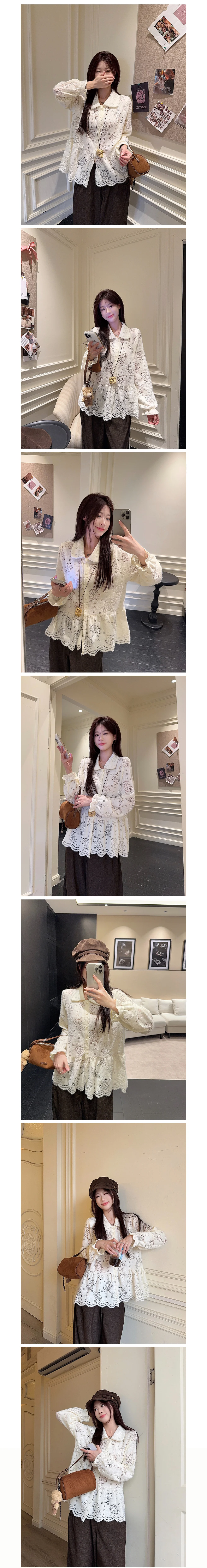 플라워 펀칭 카라 플레어 긴팔 루즈핏 블라우스 물결블라우스 퍼프블라우스 상세1