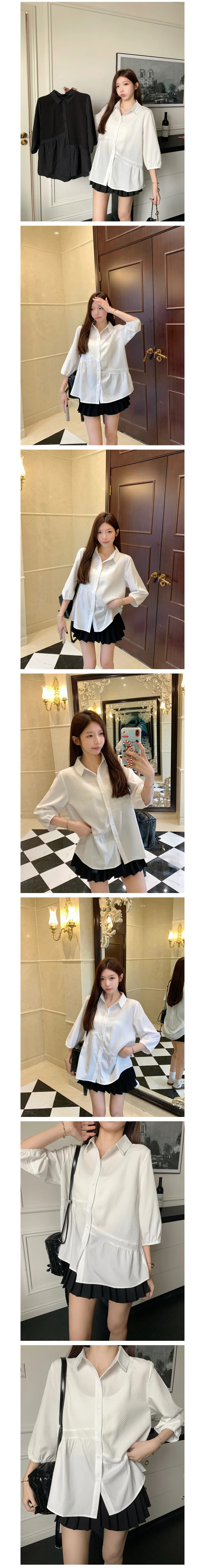루즈핏 언발 셔링 7부 블라우스 카라 캐주얼 A라인 상세1