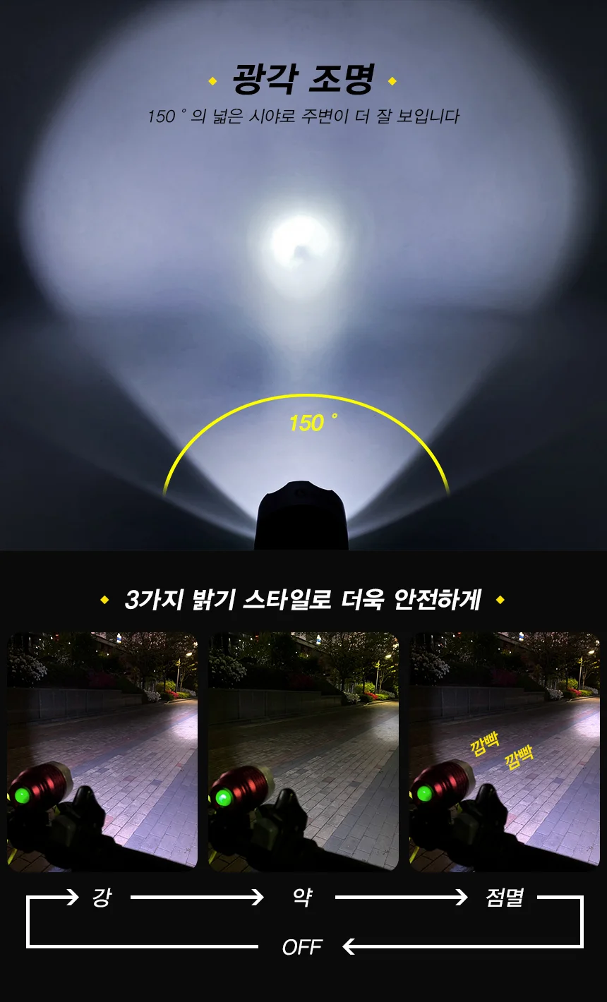 자전거 USB 라이트 LED 전조등 후레쉬 낚시 조명 블랙 상세3