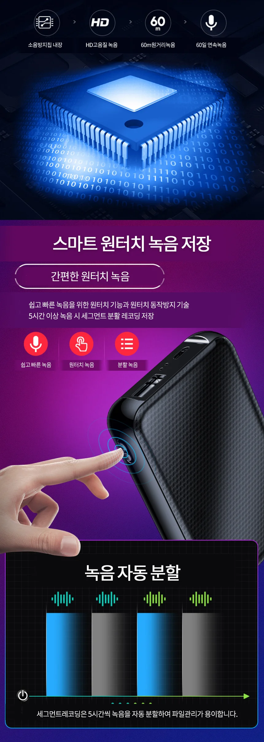 우드V60D 장시간녹음기 연속녹음 60일 특수형녹취기 상세4
