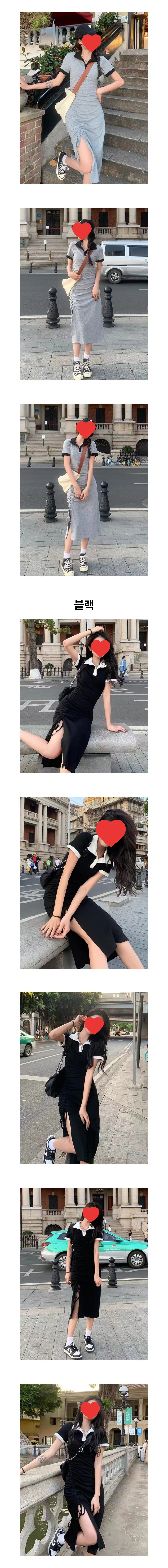 카라 포인트 옆셔링 반팔 배색 원피스 페미닌룩 상세2