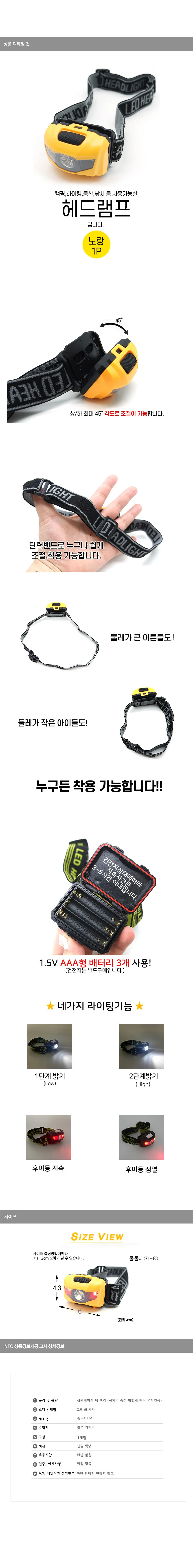 야외 헤드램프 노랑 랜턴 상세1