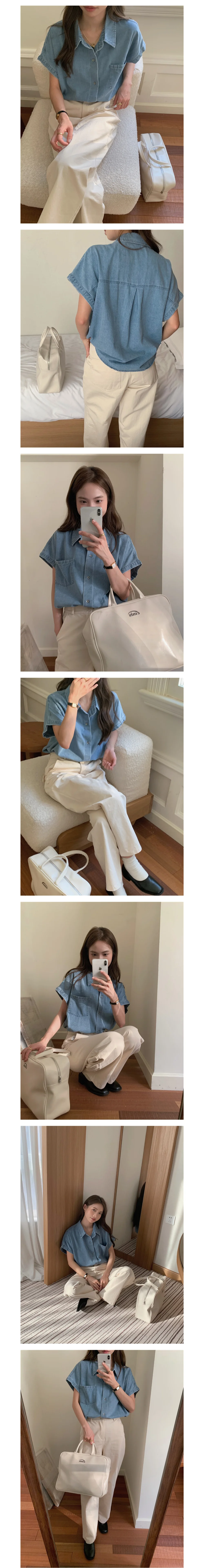 심플한 데님 카라 셔츠 블라우스 캐주얼 여성 여름 반팔 남방 상세1