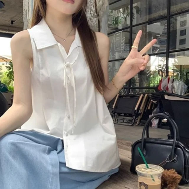 리본 슬리브리스 셔츠 카라 민소매 여리핏 블라우스