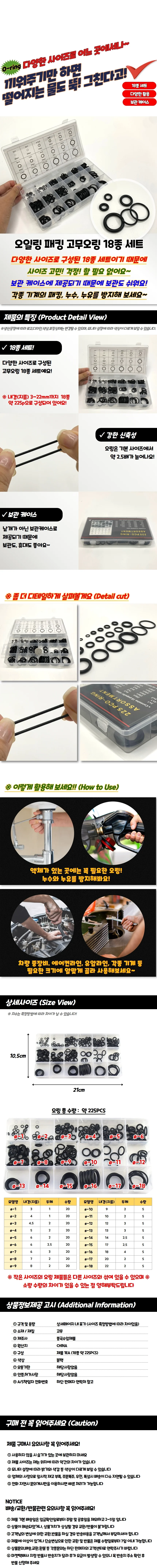 고무오링 오링세트 실리콘오링 고무패킹 18종 세트 상세1