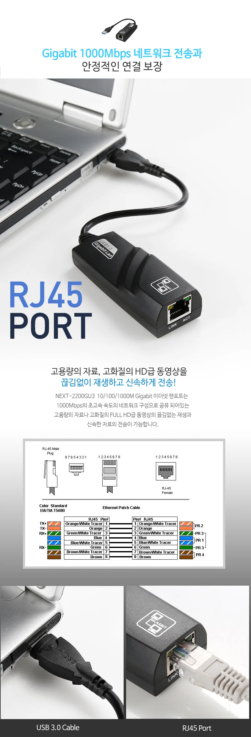 휴대용 USB 3.0 기가 유선 랜 케이블 노트북 카드 상세2