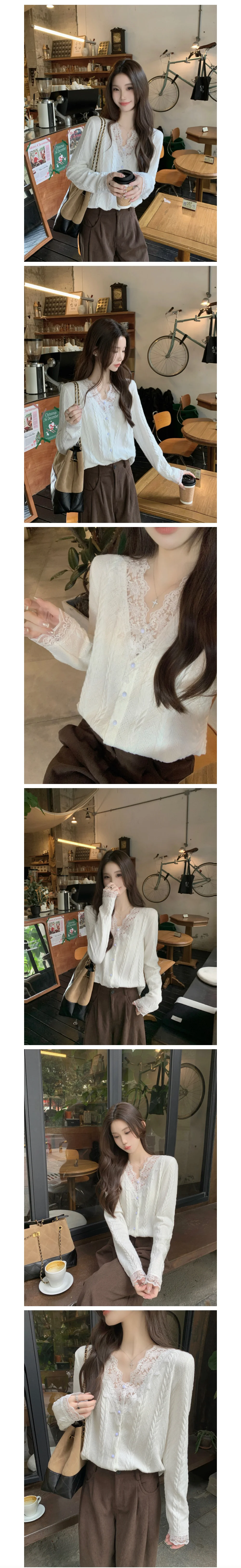 레이스 브이넥 루즈핏 니트 러블리 블라우스 꽈배기니트 가을블라우스 상세1