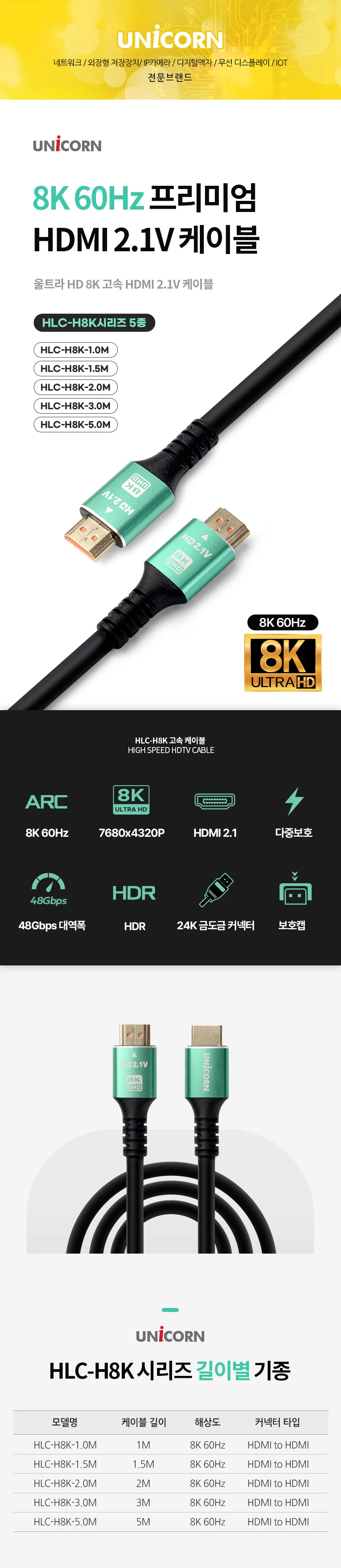 UHD 8K 고속 전송 연결 고화질 HDMI 케이블 상세1