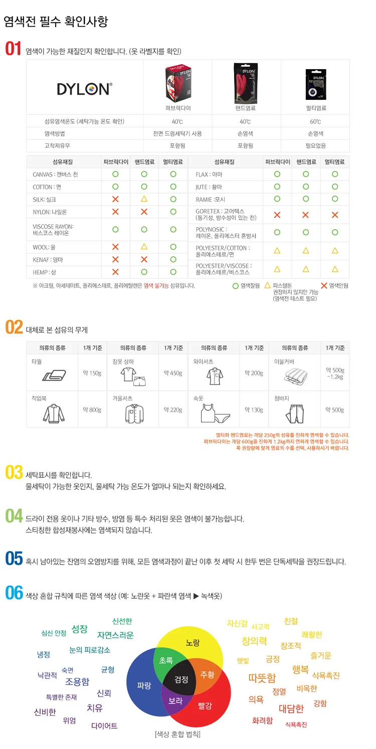 다이론 멀티염료 의류 옷 패브릭 섬유 염색 6개입 상세1