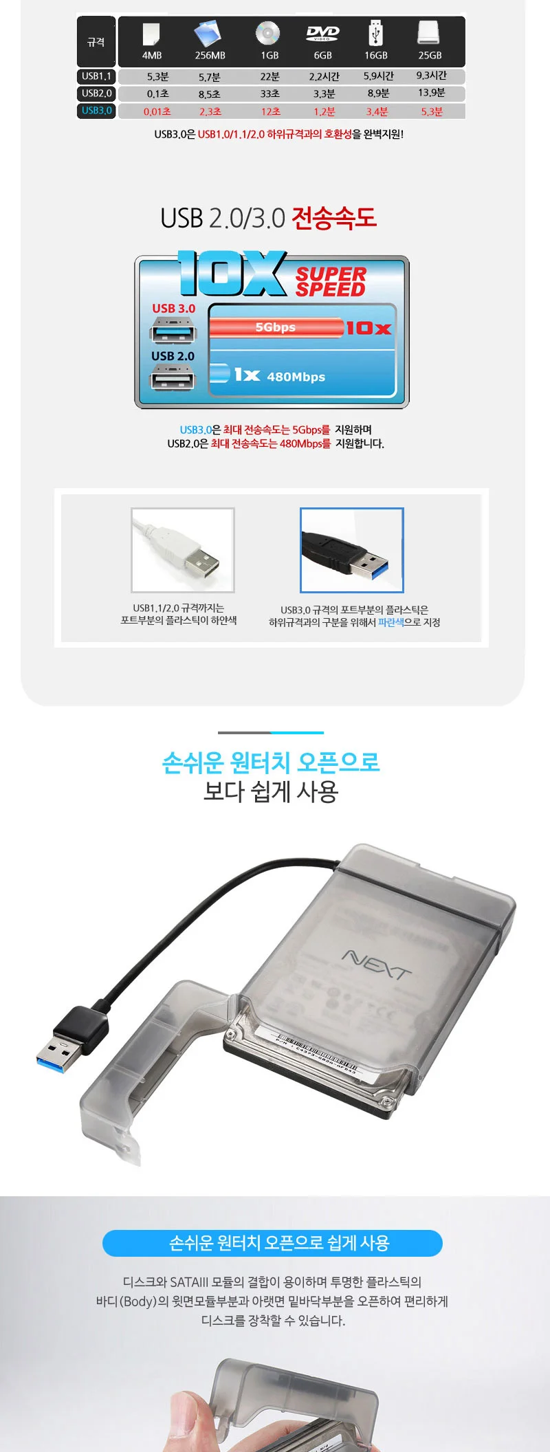 USB3.0 SSD 2.5형 외장하드 케이스 SATA HDD 무전원 상세4