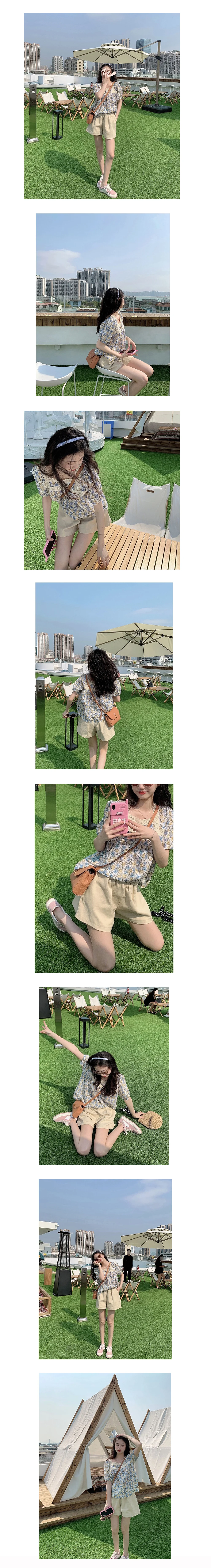 스퀘어넥 여름 플레어 레이스 벌룬 소매 블라우스 티셔츠 반팔티셔츠 상세1