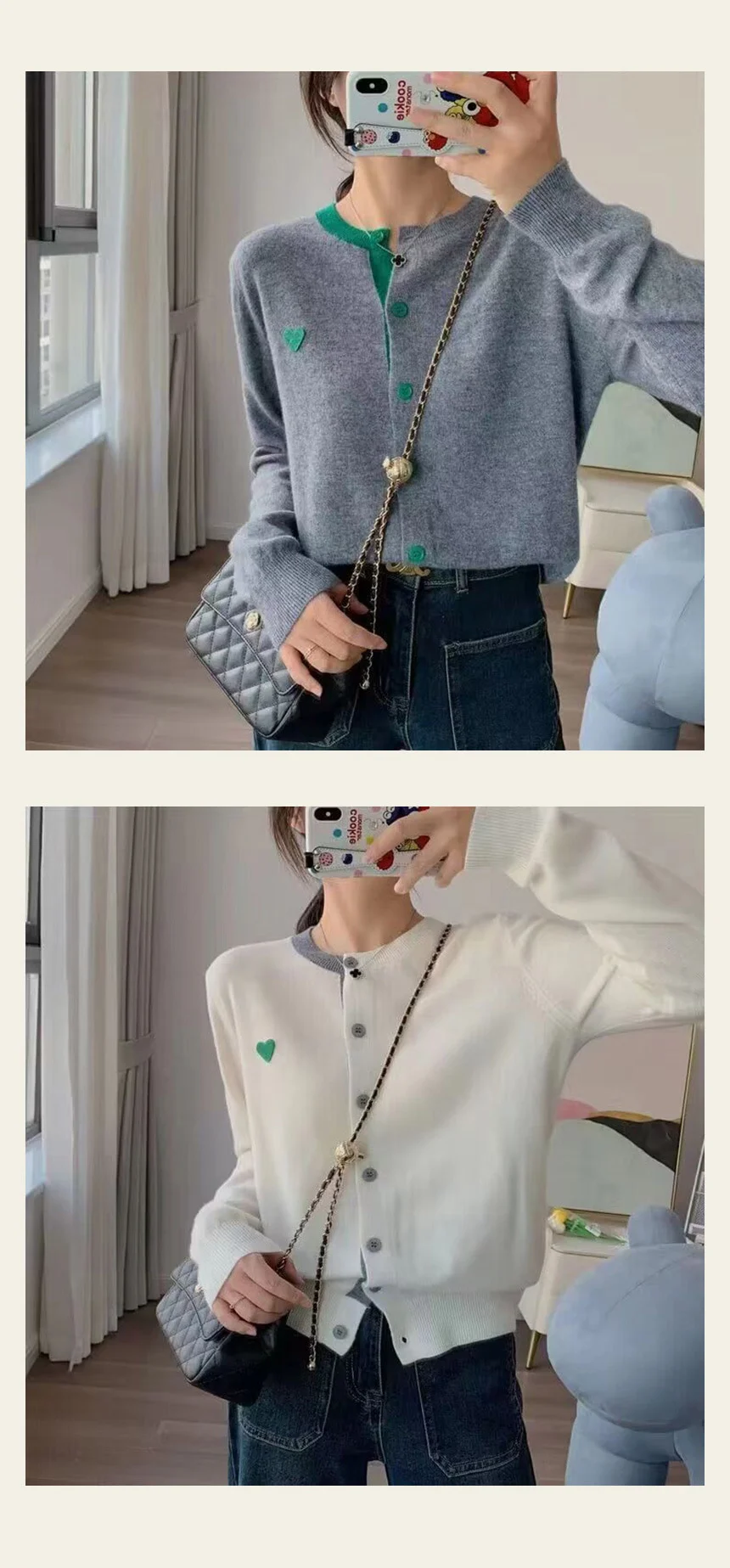 여성 간절기 배색 라운드넥 러블리 하트 긴팔 가디건 상세3