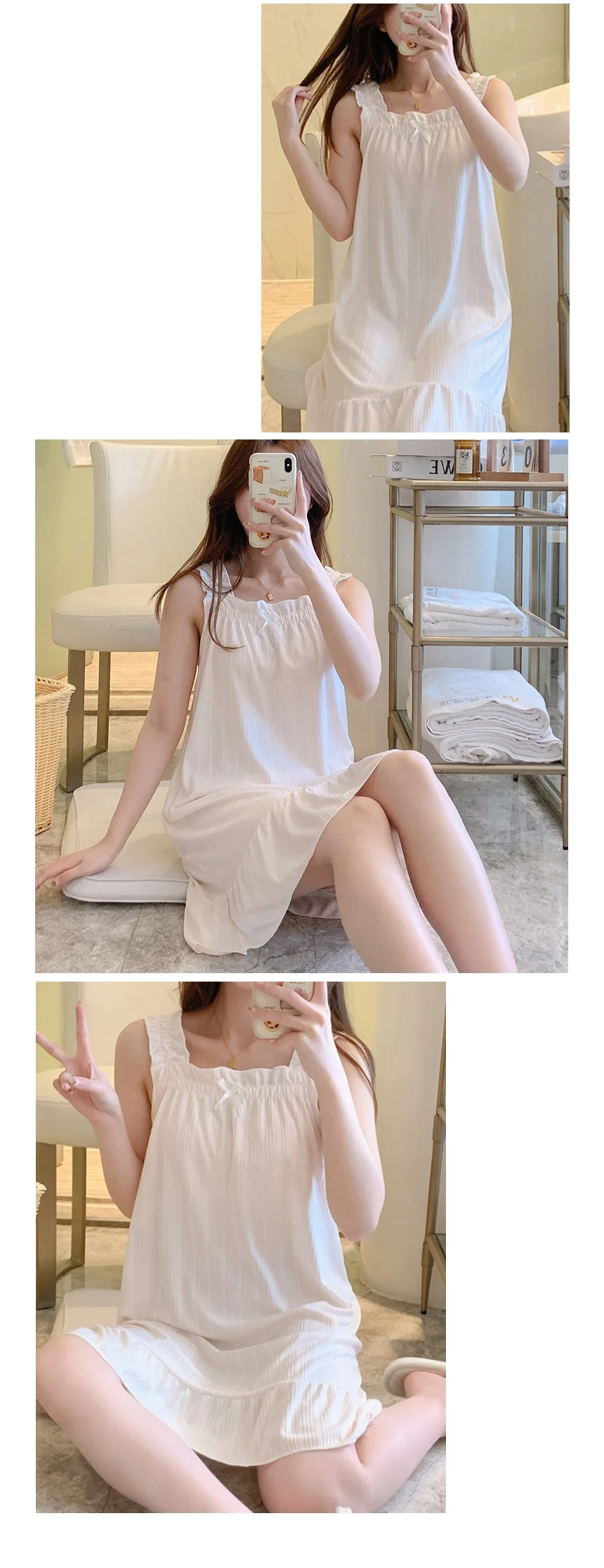 여름 편한 시어서커 파자마 민소매 리본 원피스 잠옷 상세3