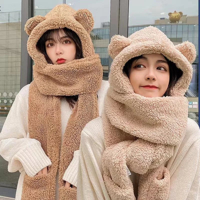 북극곰 양털모자 겨울모자 방한 보온 귀도리 일체형후드 장갑 상세5